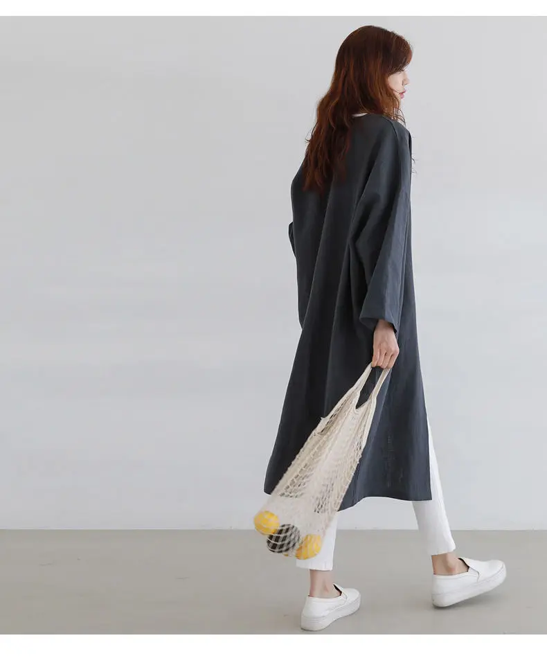 Women Linen Trench Coat Korean Fashion Cotton Linen Long Cardigan Plus Size Sun Protection Clothing Loose Thin Mid Length Coat