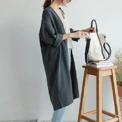 Women Linen Trench Coat Korean Fashion Cotton Linen Long Cardigan Plus Size Sun Protection Clothing Loose Thin Mid Length Coat