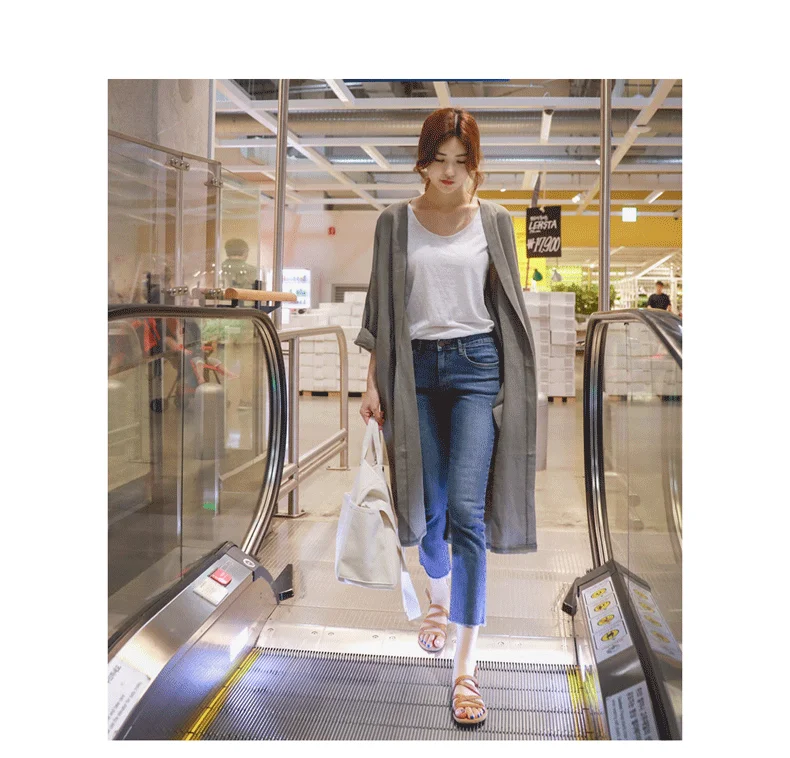 Women Linen Trench Coat Korean Fashion Cotton Linen Long Cardigan Plus Size Sun Protection Clothing Loose Thin Mid Length Coat