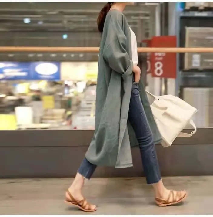 Women Linen Trench Coat Korean Fashion Cotton Linen Long Cardigan Plus Size Sun Protection Clothing Loose Thin Mid Length Coat