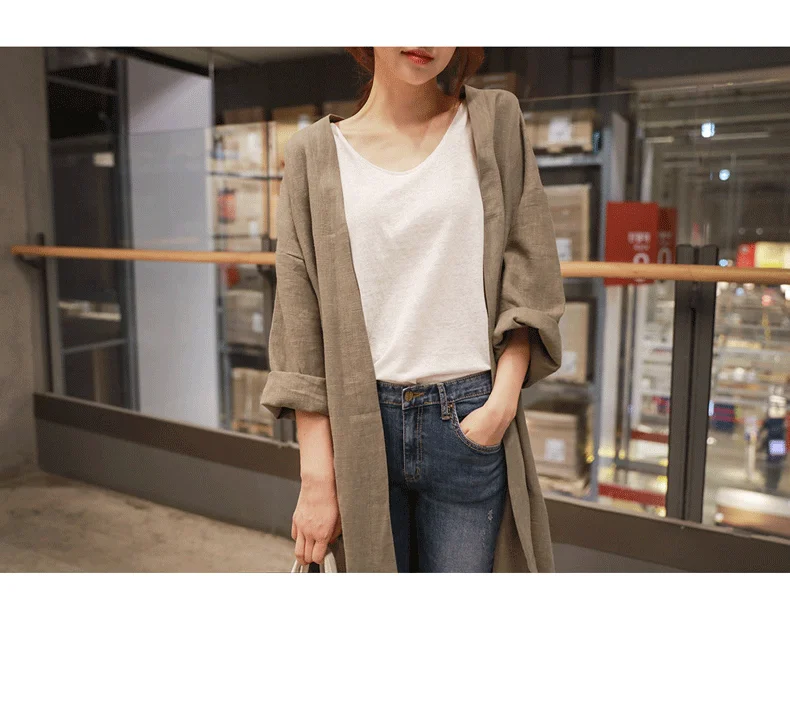 Women Linen Trench Coat Korean Fashion Cotton Linen Long Cardigan Plus Size Sun Protection Clothing Loose Thin Mid Length Coat