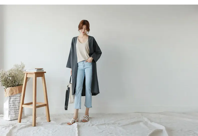 Women Linen Trench Coat Korean Fashion Cotton Linen Long Cardigan Plus Size Sun Protection Clothing Loose Thin Mid Length Coat