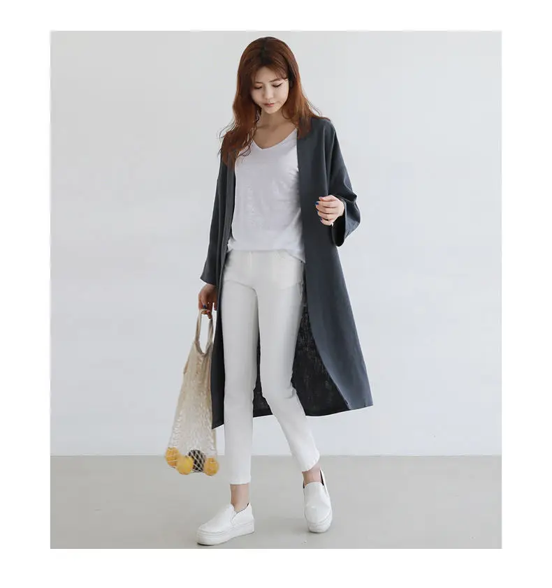 Women Linen Trench Coat Korean Fashion Cotton Linen Long Cardigan Plus Size Sun Protection Clothing Loose Thin Mid Length Coat