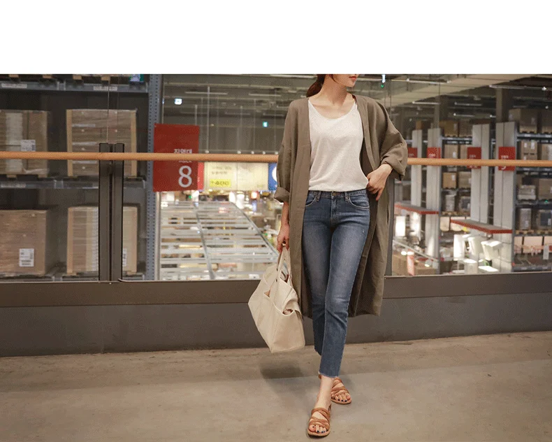 Women Linen Trench Coat Korean Fashion Cotton Linen Long Cardigan Plus Size Sun Protection Clothing Loose Thin Mid Length Coat