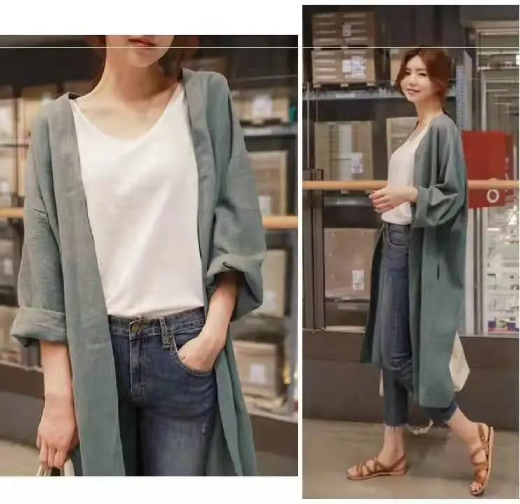 Women Linen Trench Coat Korean Fashion Cotton Linen Long Cardigan Plus Size Sun Protection Clothing Loose Thin Mid Length Coat