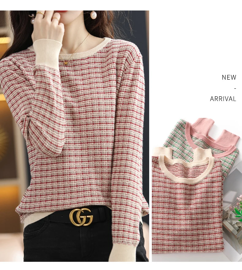 Women's Autumn Winter 100% Cotton Soft Sweater O-Neck Pullover Color Contrast Striped Casual Knitted Bottoming Warm Sweater