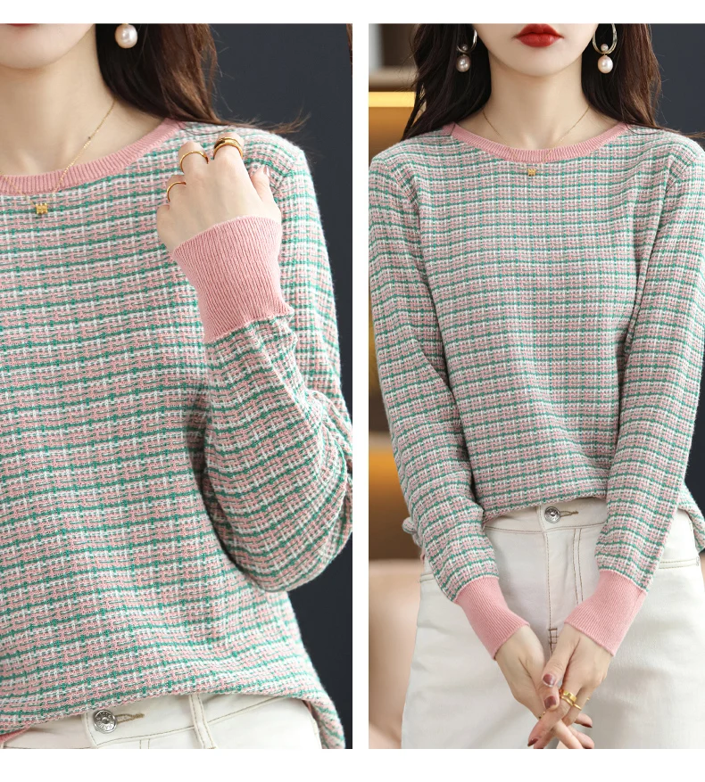 Women's Autumn Winter 100% Cotton Soft Sweater O-Neck Pullover Color Contrast Striped Casual Knitted Bottoming Warm Sweater