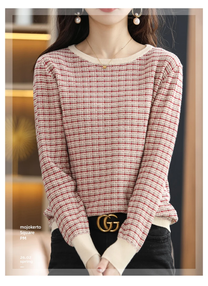 Women's Autumn Winter 100% Cotton Soft Sweater O-Neck Pullover Color Contrast Striped Casual Knitted Bottoming Warm Sweater