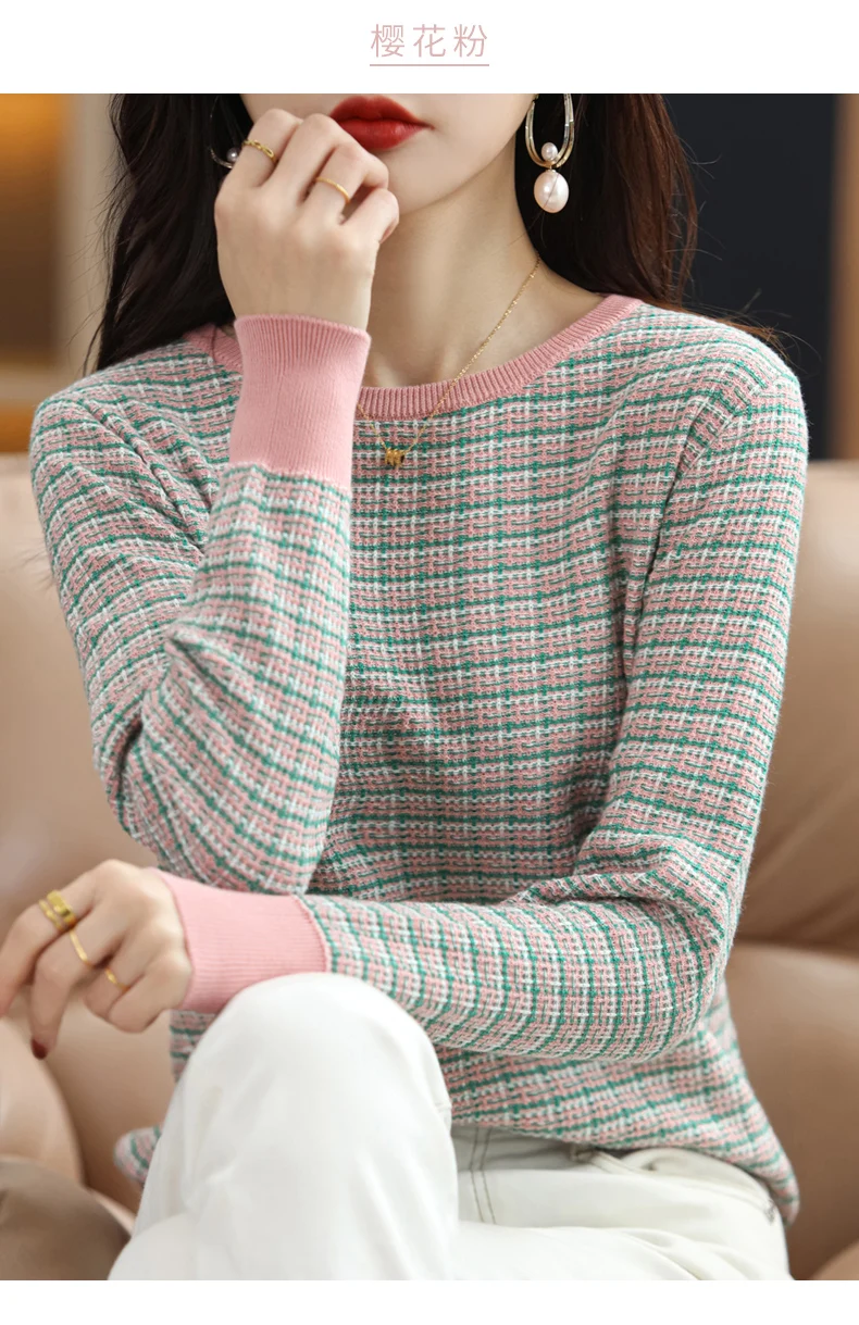 Women's Autumn Winter 100% Cotton Soft Sweater O-Neck Pullover Color Contrast Striped Casual Knitted Bottoming Warm Sweater