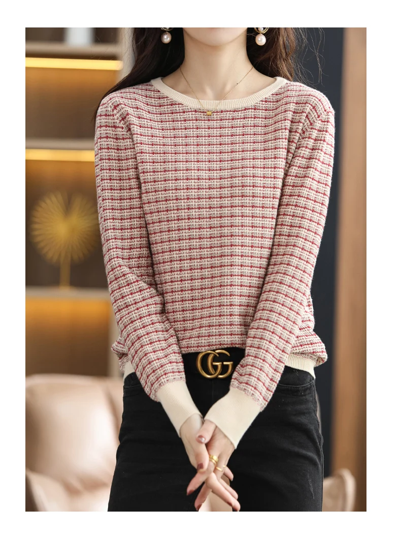Women's Autumn Winter 100% Cotton Soft Sweater O-Neck Pullover Color Contrast Striped Casual Knitted Bottoming Warm Sweater