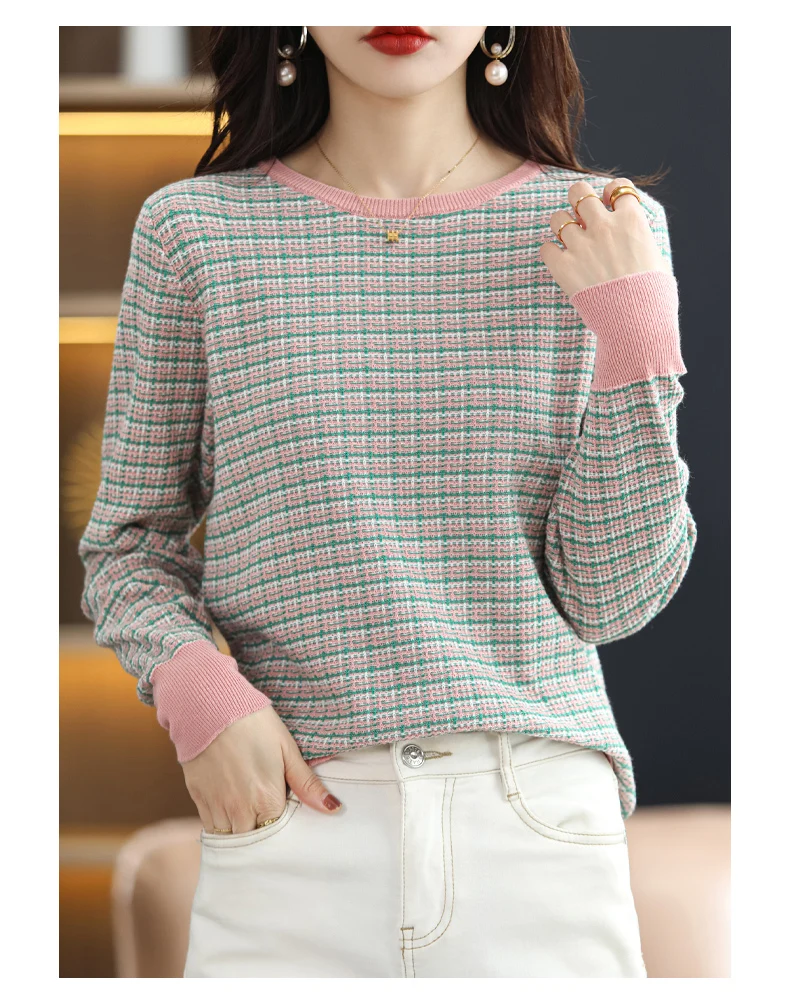 Women's Autumn Winter 100% Cotton Soft Sweater O-Neck Pullover Color Contrast Striped Casual Knitted Bottoming Warm Sweater