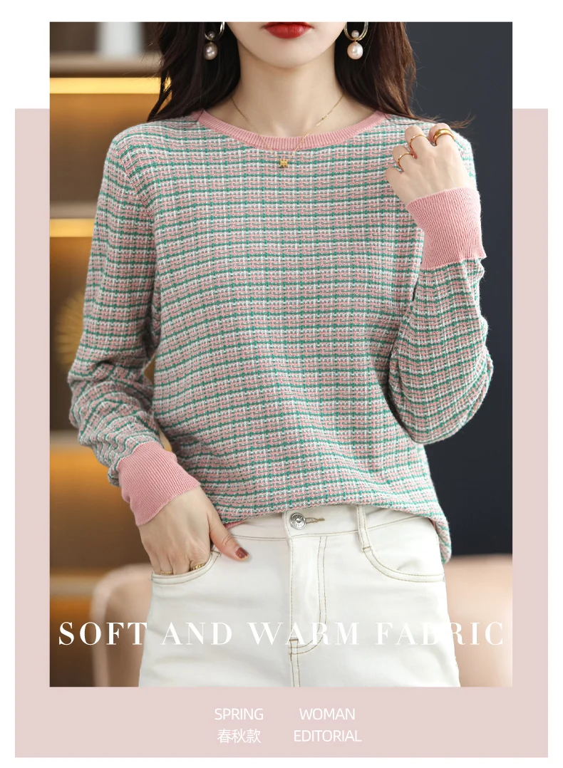 Women's Autumn Winter 100% Cotton Soft Sweater O-Neck Pullover Color Contrast Striped Casual Knitted Bottoming Warm Sweater