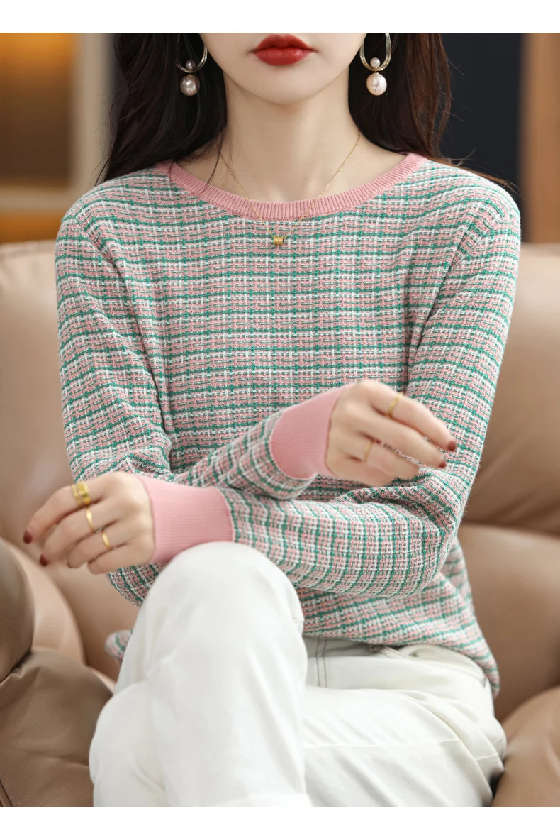 Women's Autumn Winter 100% Cotton Soft Sweater O-Neck Pullover Color Contrast Striped Casual Knitted Bottoming Warm Sweater
