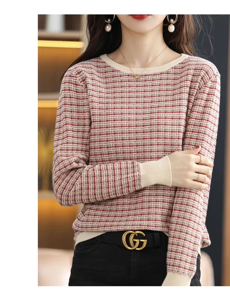 Women's Autumn Winter 100% Cotton Soft Sweater O-Neck Pullover Color Contrast Striped Casual Knitted Bottoming Warm Sweater
