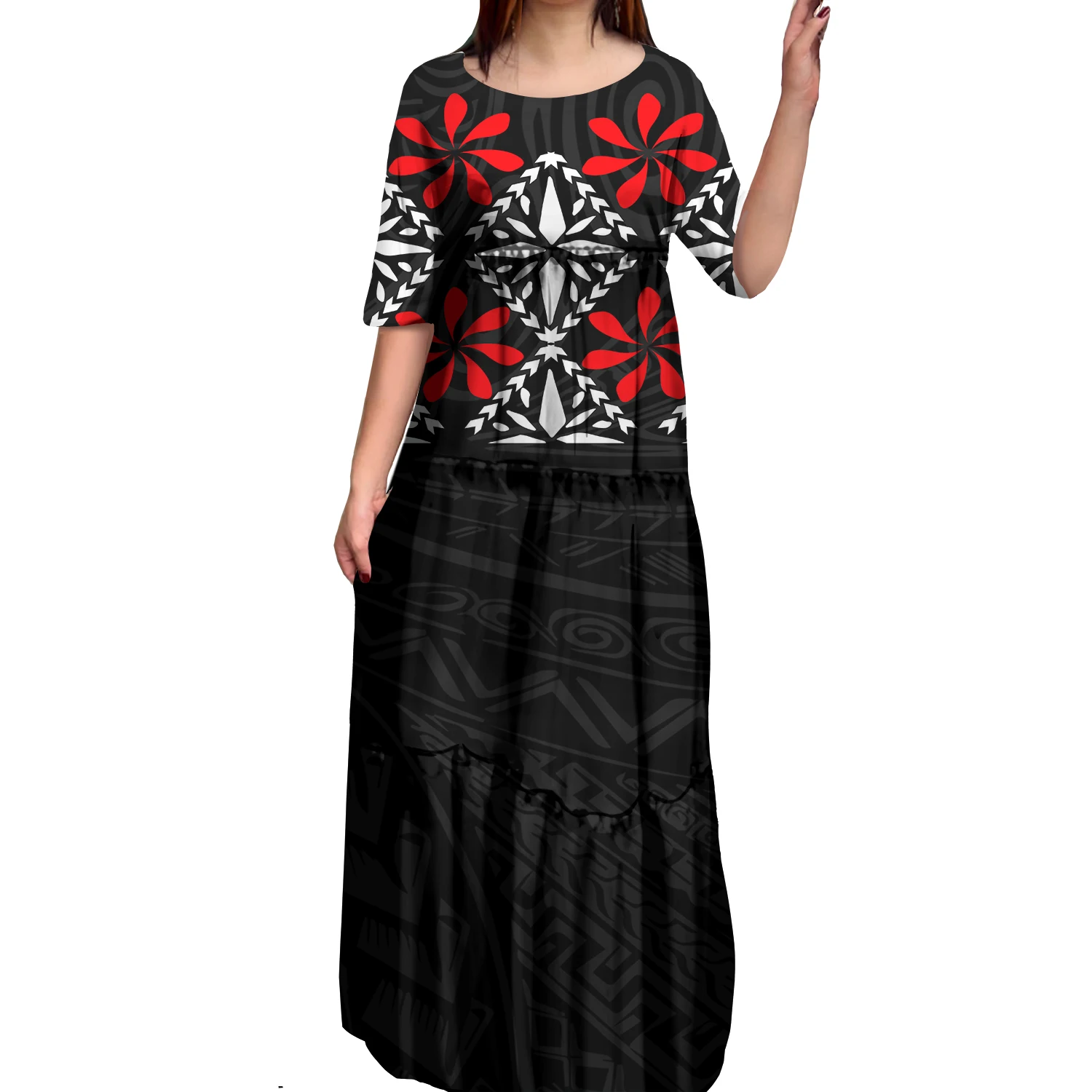 Anti-wrinkle 8XL Polynesian Milk Silk O-neck Tiered Dress Hot Selling Pacific Island Art Hawaii Design Evening Mermaid Dresses