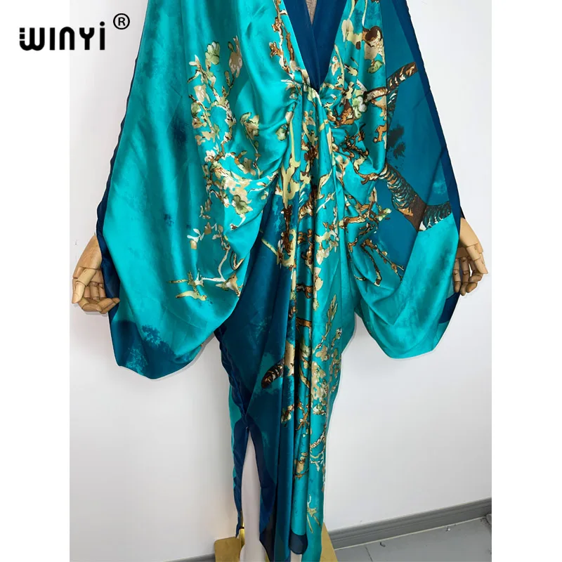 WINYI New Fashion Bohemian Deep V-neck Floral European For Lady Free Size Loose Batwing Holiday Beach Cover Up Party Kaftan Dres