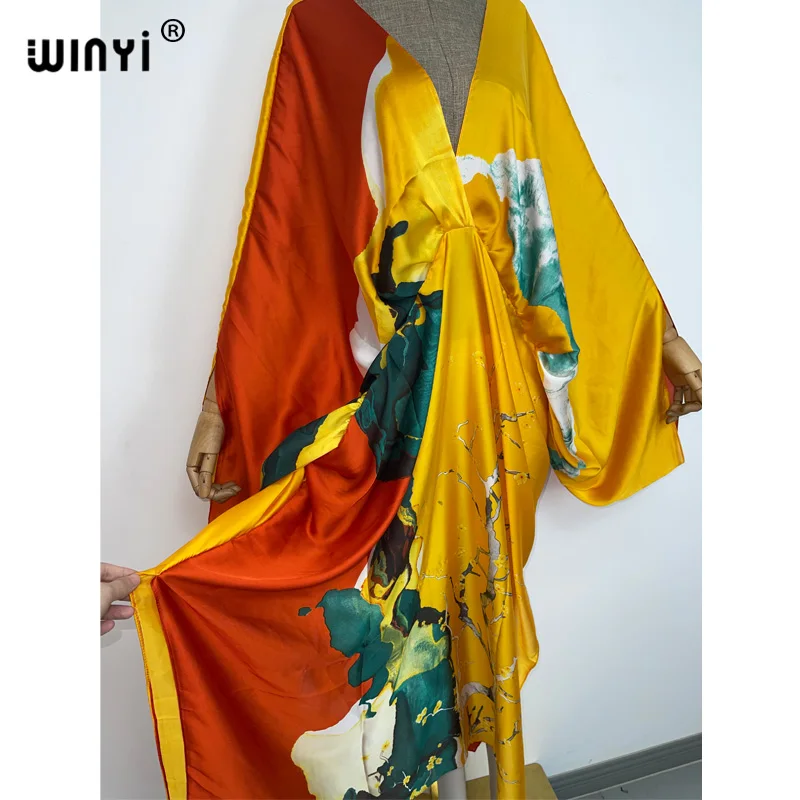 WINYI New Fashion Bohemian Deep V-neck Floral European For Lady Free Size Loose Batwing Holiday Beach Cover Up Party Kaftan Dres