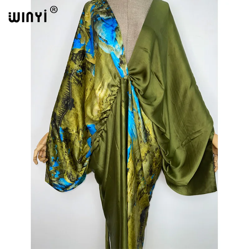 WINYI New Fashion Bohemian Deep V-neck Floral European For Lady Free Size Loose Batwing Holiday Beach Cover Up Party Kaftan Dres