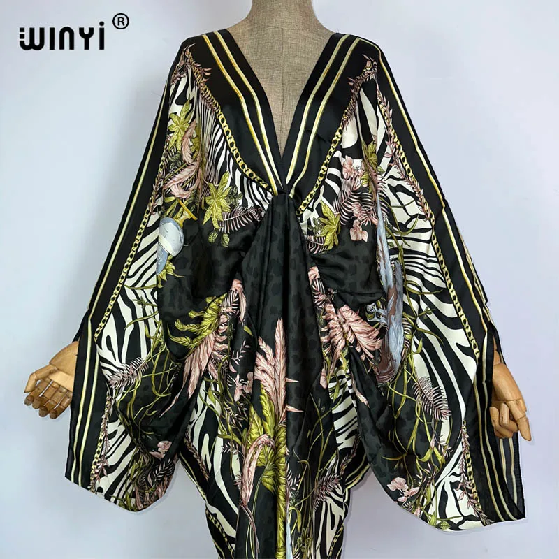 WINYI New Fashion Bohemian Deep V-neck Floral European For Lady Free Size Loose Batwing Holiday Beach Cover Up Party Kaftan Dres
