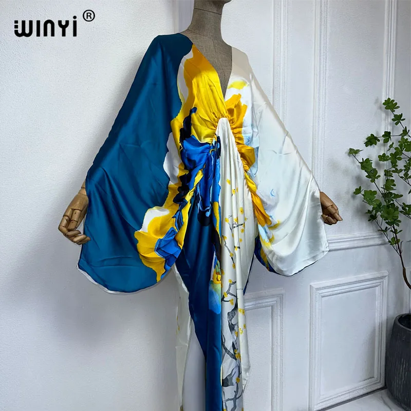 WINYI New Fashion Bohemian Deep V-neck Floral European For Lady Free Size Loose Batwing Holiday Beach Cover Up Party Kaftan Dres