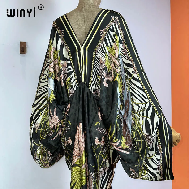 WINYI New Fashion Bohemian Deep V-neck Floral European For Lady Free Size Loose Batwing Holiday Beach Cover Up Party Kaftan Dres