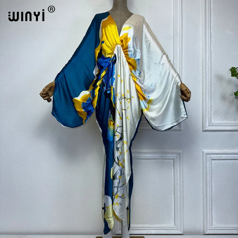 WINYI New Fashion Bohemian Deep V-neck Floral European For Lady Free Size Loose Batwing Holiday Beach Cover Up Party Kaftan Dres