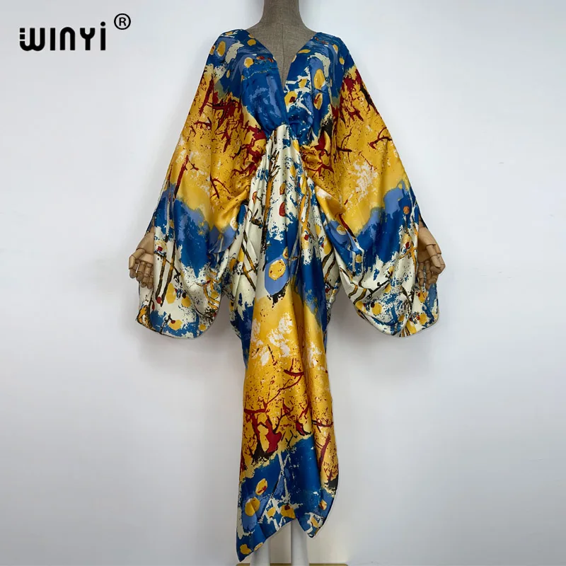 WINYI New Fashion Bohemian Deep V-neck Floral European For Lady Free Size Loose Batwing Holiday Beach Cover Up Party Kaftan Dres
