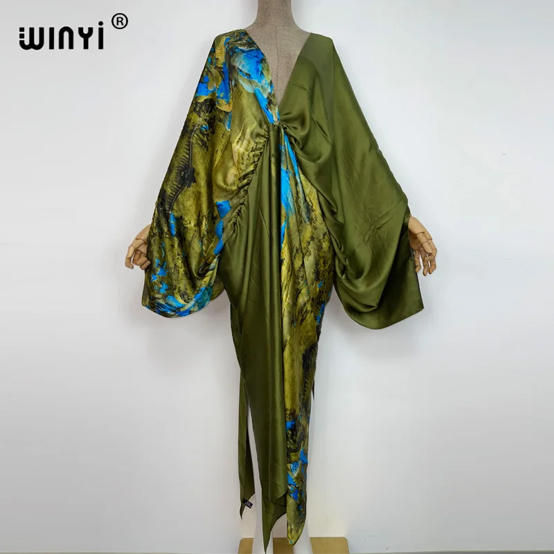 WINYI New Fashion Bohemian Deep V-neck Floral European For Lady Free Size Loose Batwing Holiday Beach Cover Up Party Kaftan Dres