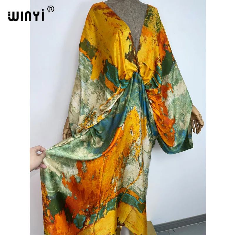 WINYI New Fashion Bohemian Deep V-neck Floral European For Lady Free Size Loose Batwing Holiday Beach Cover Up Party Kaftan Dres