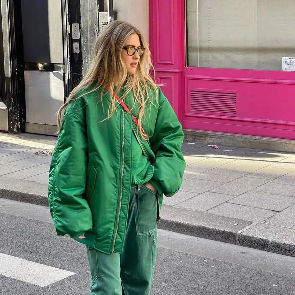 Klacwaya Bomber Jacket For Women 2022 Khaki Green Bomber Coat Women Padded Jacket Oversized Casual Jackets