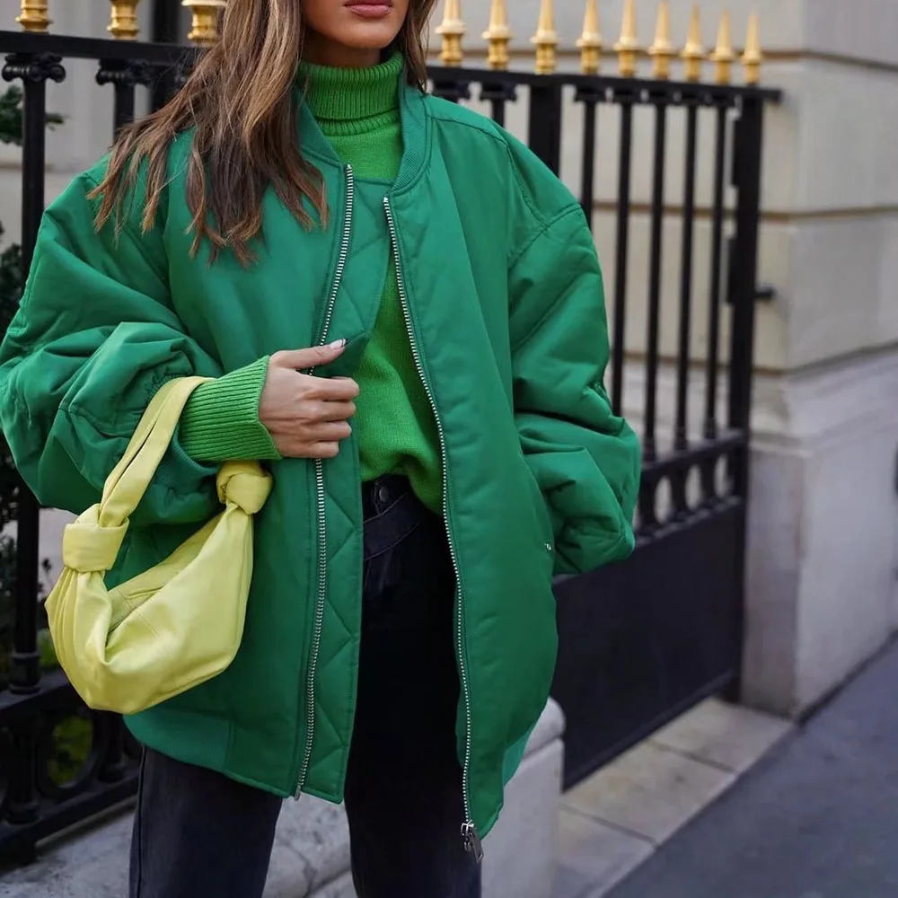 Klacwaya Bomber Jacket For Women 2022 Khaki Green Bomber Coat Women Padded Jacket Oversized Casual Jackets