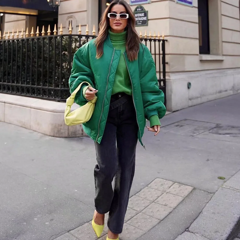 Klacwaya Bomber Jacket For Women 2022 Khaki Green Bomber Coat Women Padded Jacket Oversized Casual Jackets
