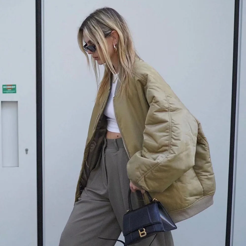 Klacwaya Bomber Jacket For Women 2022 Khaki Green Bomber Coat Women Padded Jacket Oversized Casual Jackets