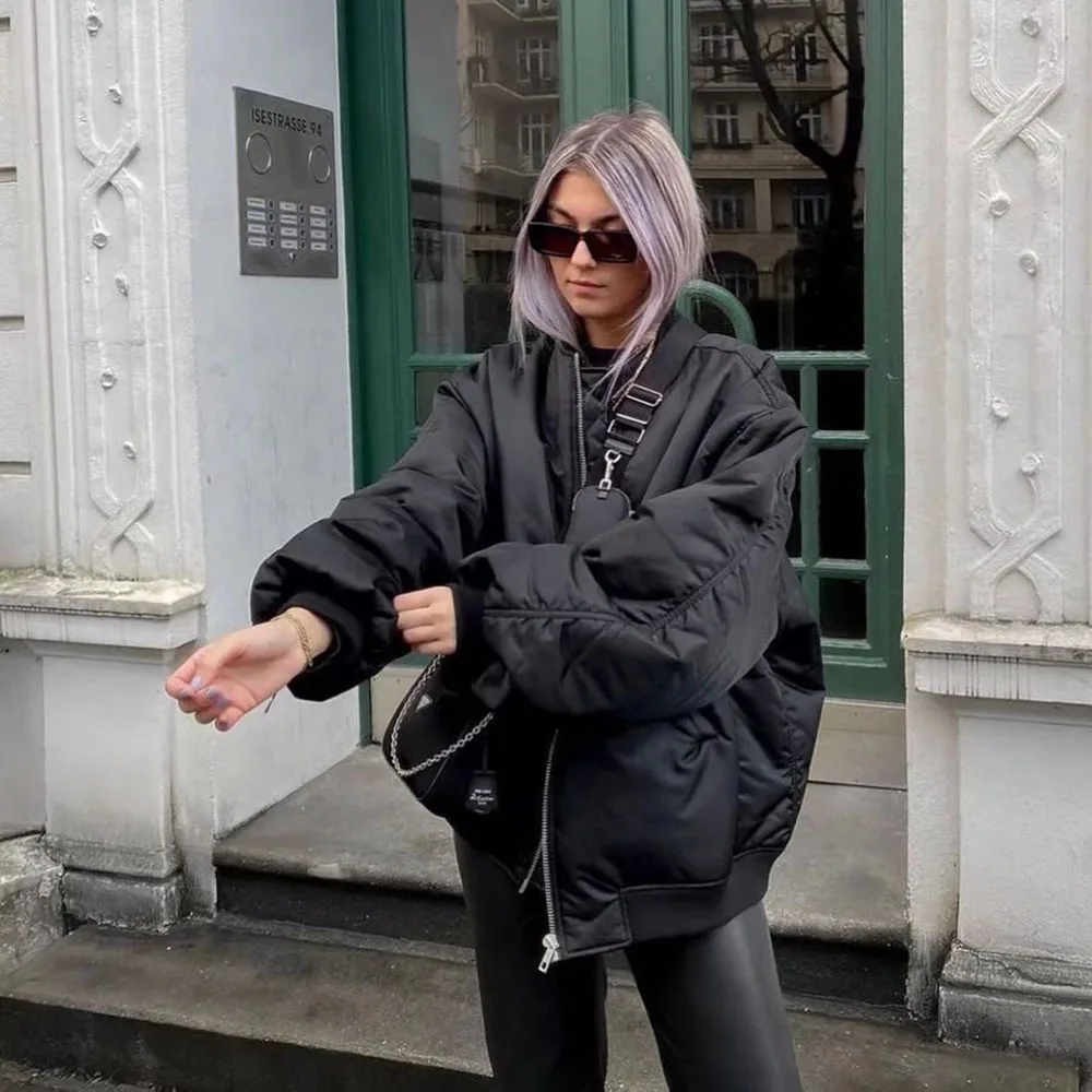 Klacwaya Bomber Jacket For Women 2022 Khaki Green Bomber Coat Women Padded Jacket Oversized Casual Jackets