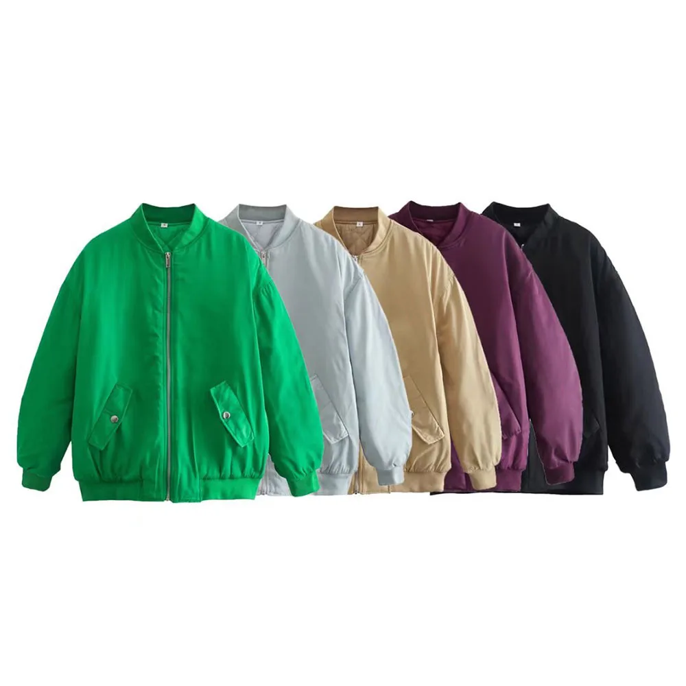 Klacwaya Bomber Jacket For Women 2022 Khaki Green Bomber Coat Women Padded Jacket Oversized Casual Jackets