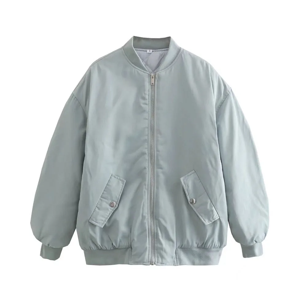 Klacwaya Bomber Jacket For Women 2022 Khaki Green Bomber Coat Women Padded Jacket Oversized Casual Jackets