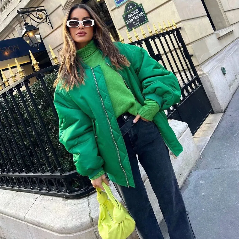 Klacwaya Bomber Jacket For Women 2022 Khaki Green Bomber Coat Women Padded Jacket Oversized Casual Jackets
