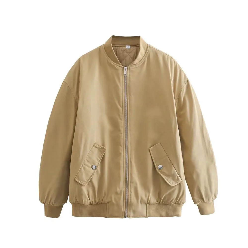 Klacwaya Bomber Jacket For Women 2022 Khaki Green Bomber Coat Women Padded Jacket Oversized Casual Jackets