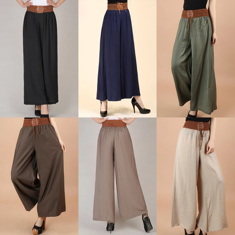 2023 New National Wide Leg Pants Summer Fashion Casual Women's Culotes Waist Lace Up Large Hemlines High Waist Loose Trousers