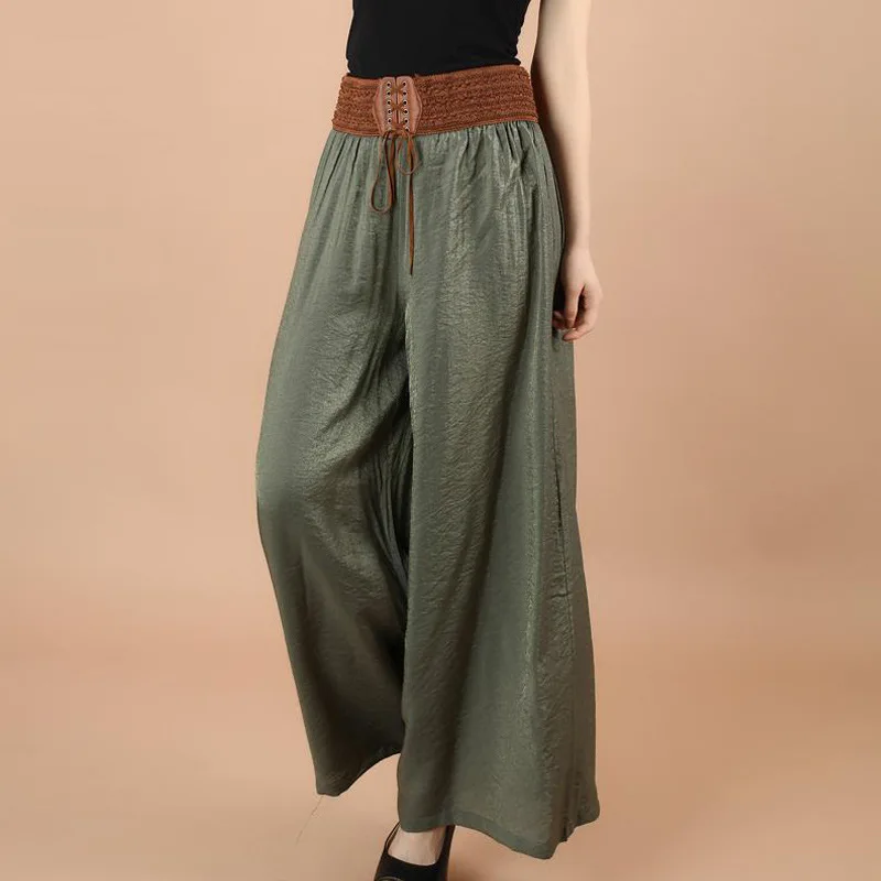 2023 New National Wide Leg Pants Summer Fashion Casual Women's Culotes Waist Lace Up Large Hemlines High Waist Loose Trousers
