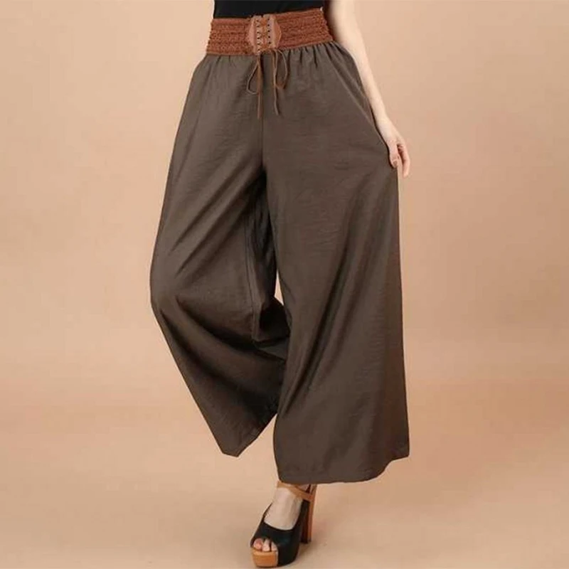 2023 New National Wide Leg Pants Summer Fashion Casual Women's Culotes Waist Lace Up Large Hemlines High Waist Loose Trousers