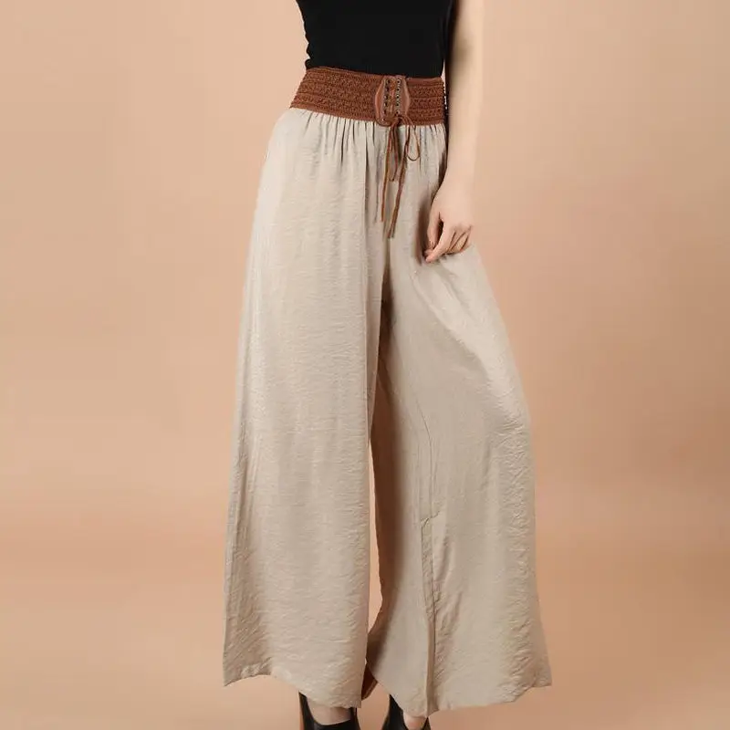2023 New National Wide Leg Pants Summer Fashion Casual Women's Culotes Waist Lace Up Large Hemlines High Waist Loose Trousers