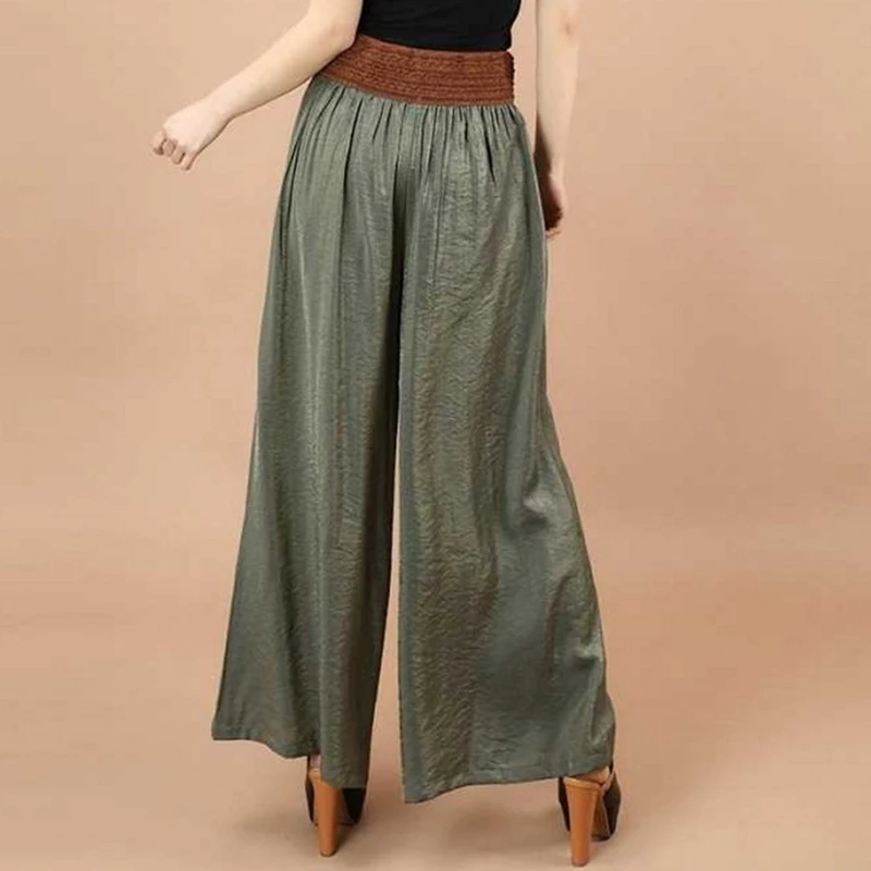2023 New National Wide Leg Pants Summer Fashion Casual Women's Culotes Waist Lace Up Large Hemlines High Waist Loose Trousers