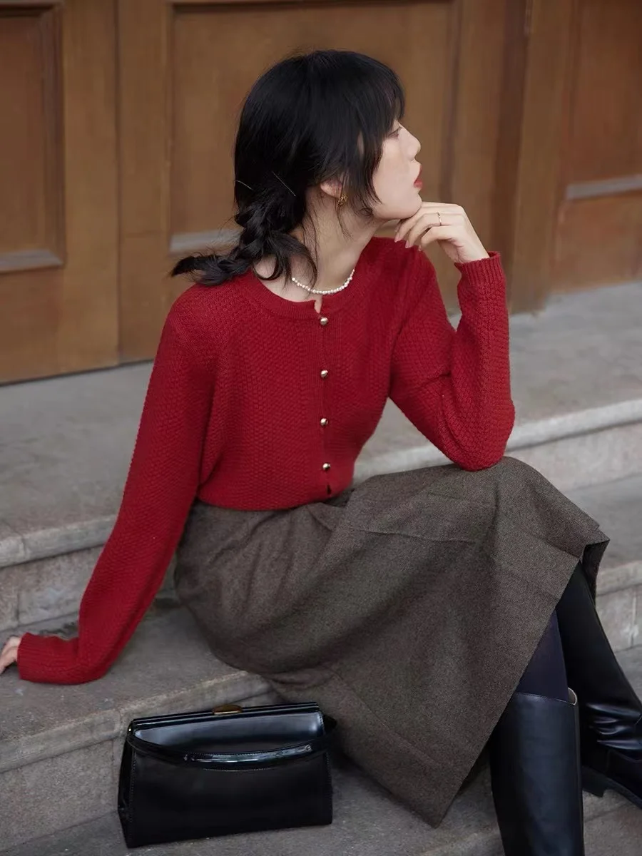 Retro knitted cashmere cardigan women autumn and winter round collar pullover bottom sweater jacket loose show thin wool coat