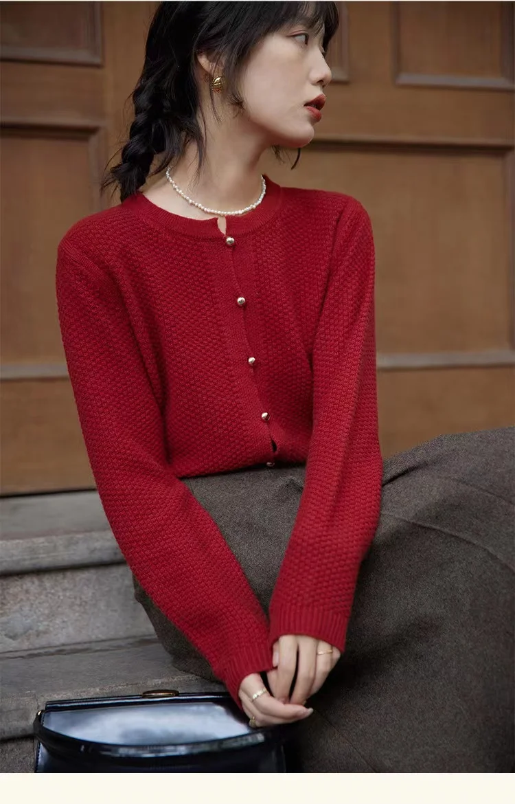 Retro knitted cashmere cardigan women autumn and winter round collar pullover bottom sweater jacket loose show thin wool coat