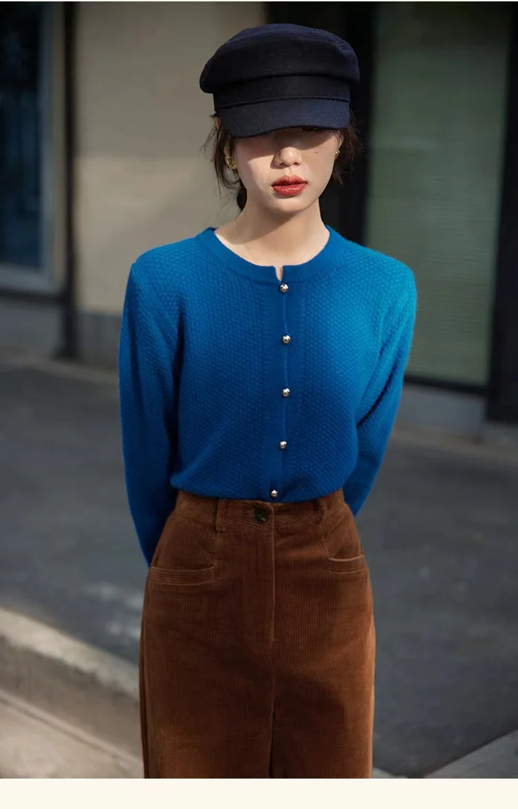 Retro knitted cashmere cardigan women autumn and winter round collar pullover bottom sweater jacket loose show thin wool coat