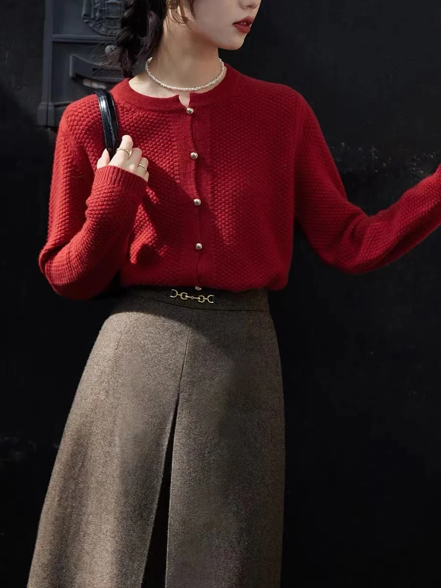Retro knitted cashmere cardigan women autumn and winter round collar pullover bottom sweater jacket loose show thin wool coat