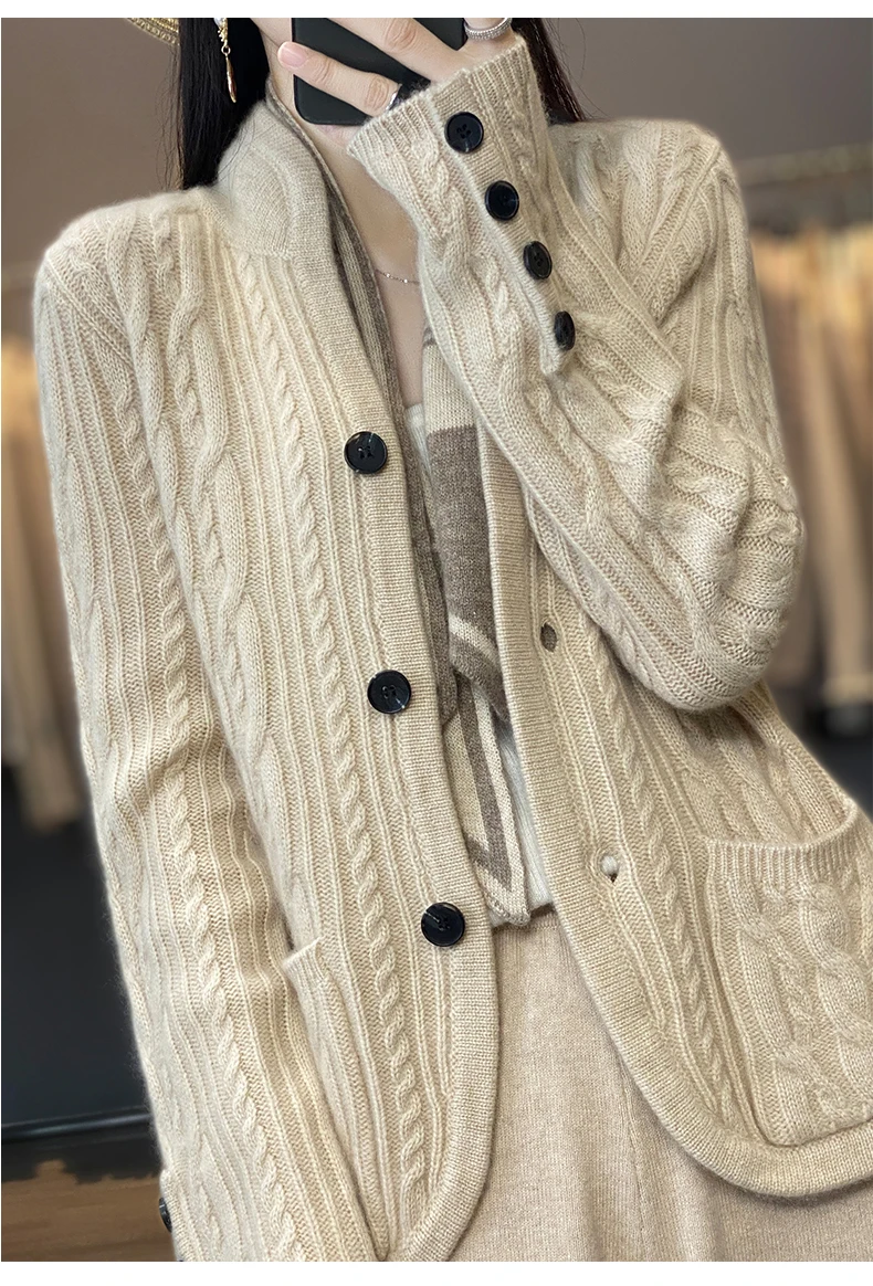 100%Cashmere Wool Sweater Women's New Stand Collar Cardigan Casual Knitted Tops European American Fashion High End Female Jacket