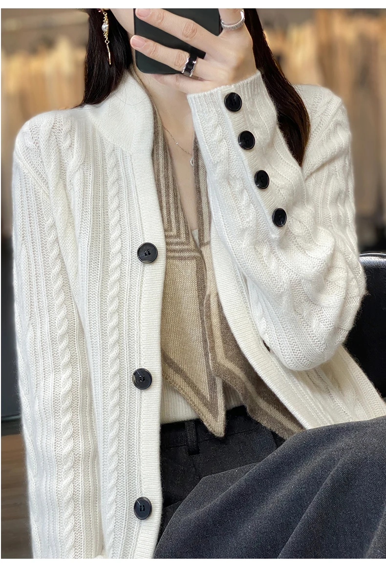 100%Cashmere Wool Sweater Women's New Stand Collar Cardigan Casual Knitted Tops European American Fashion High End Female Jacket
