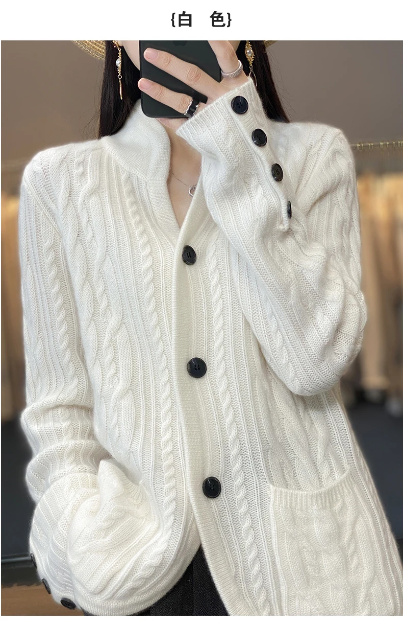100%Cashmere Wool Sweater Women's New Stand Collar Cardigan Casual Knitted Tops European American Fashion High End Female Jacket